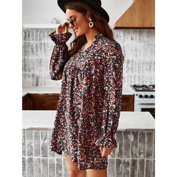 Floral Flounce Sleeve Frilled Neck long sleeve mini Dress - Picture 3 of 4